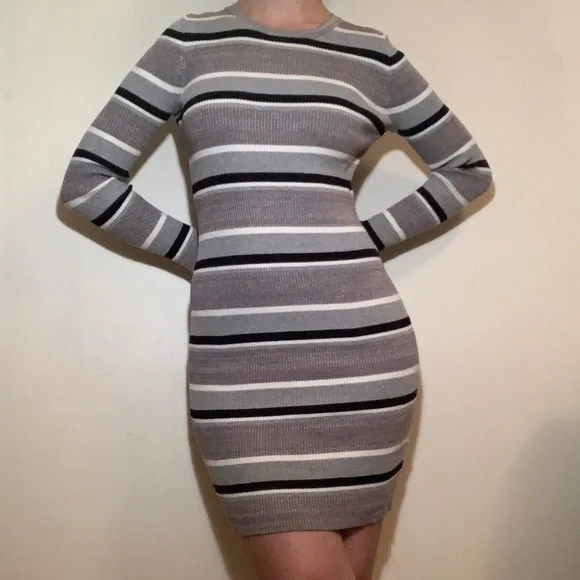 grey striped bodycon dress Black & White Striped Off-The-Shoulder Bodycon Dress - Bardot Style